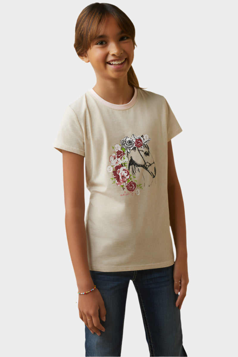 Ariat Girls Flora Short Sleeve T-Shirt (Oatmeal Heather)-Clearance