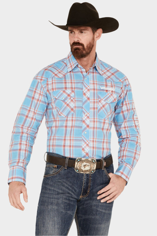 WRANGLER MEN'S LOGO PLAID PRINT LONG SLEEVE WESTERN SNAP SHIRT