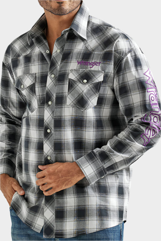 WRANGLER MEN'S LOGO PLAID PRINT LONG SLEEVE WESTERN SNAP SHIRT