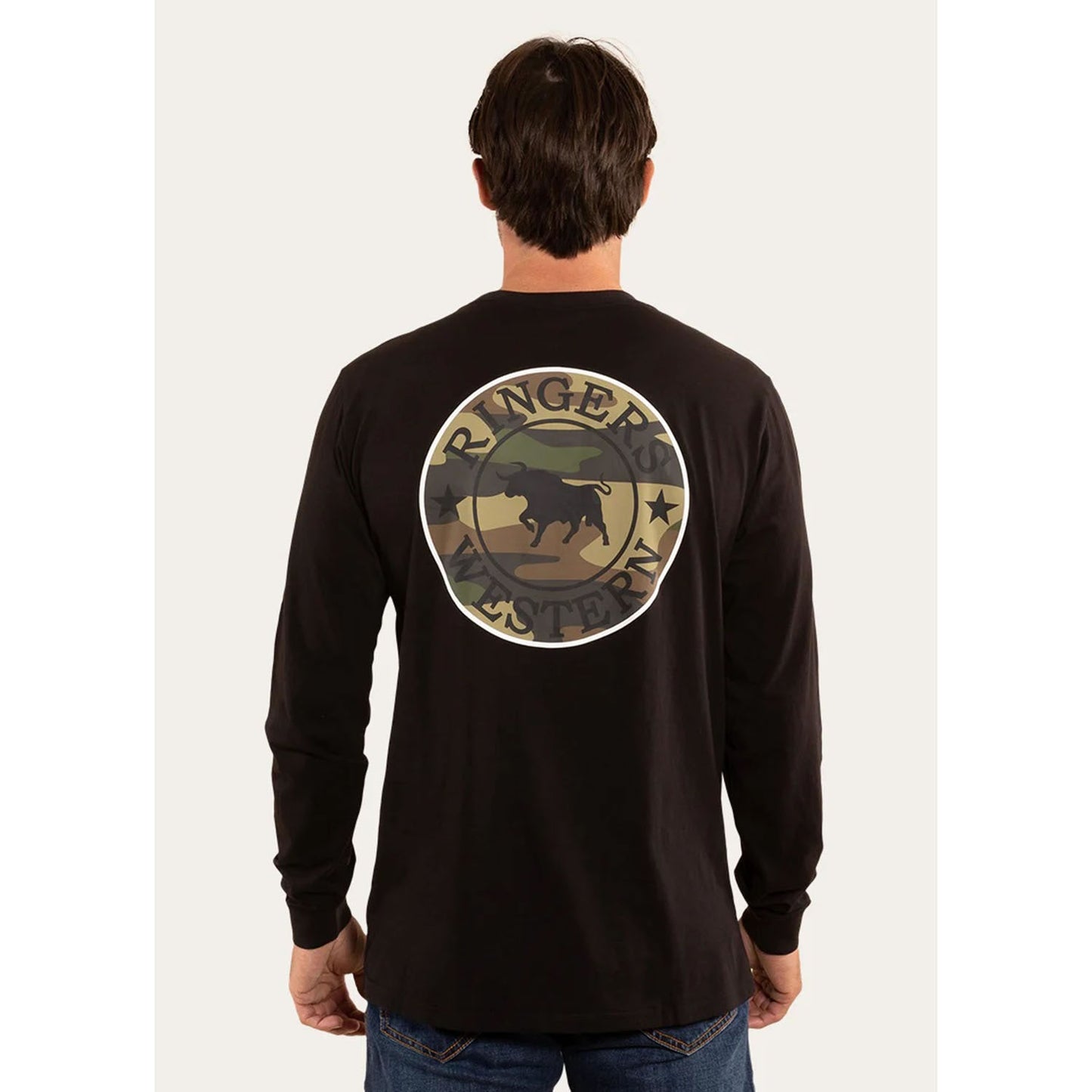 Ringers Western Men's Long Sleeve T-Shirt - Black & Camo- CLEARANCE STOCK