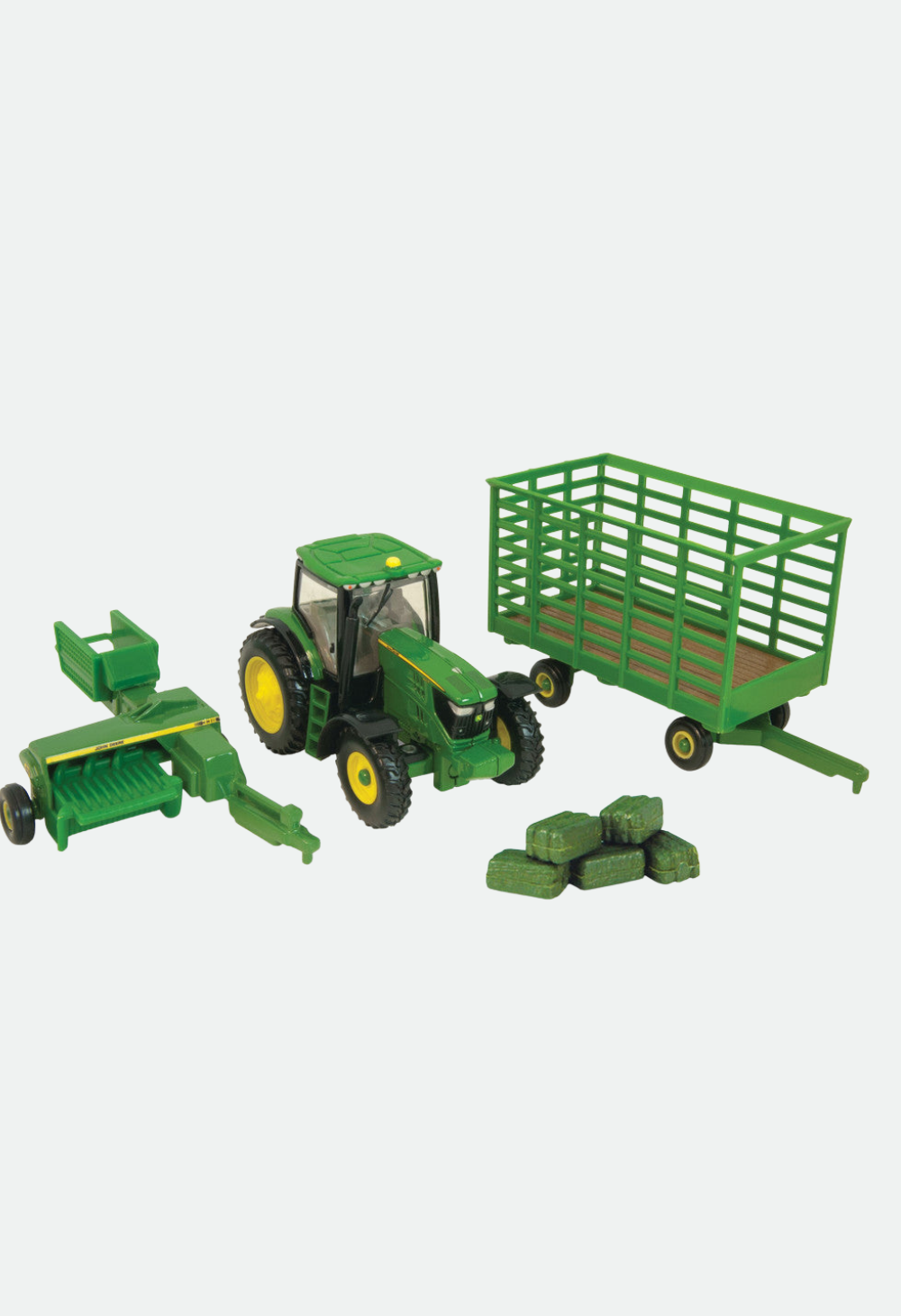 1:64 John Deere 6210R Tractor with Square Baler, Bale Wagon & 6 Bales Replica Toy