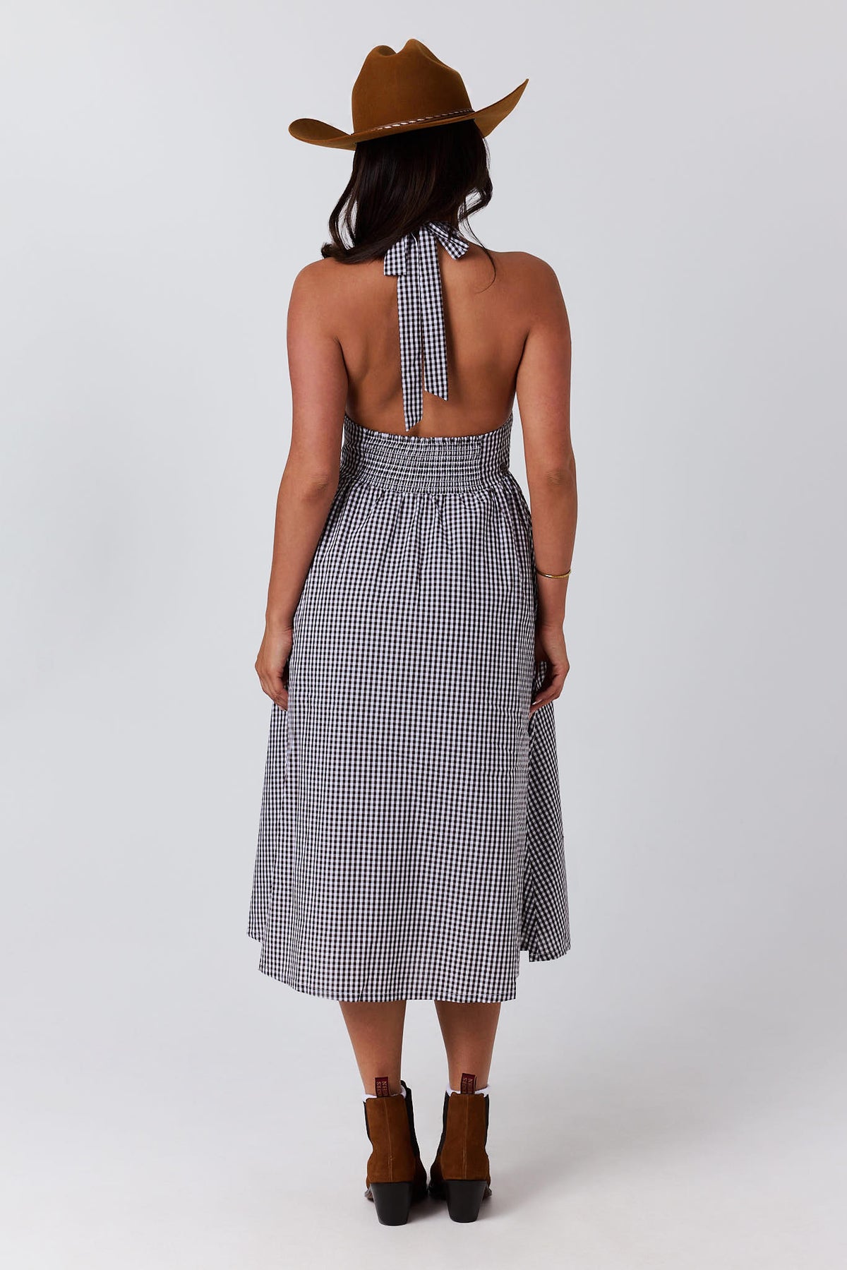 Ringers Western Charmayne Gingham Halter Neck Midi Dress - Chocolate