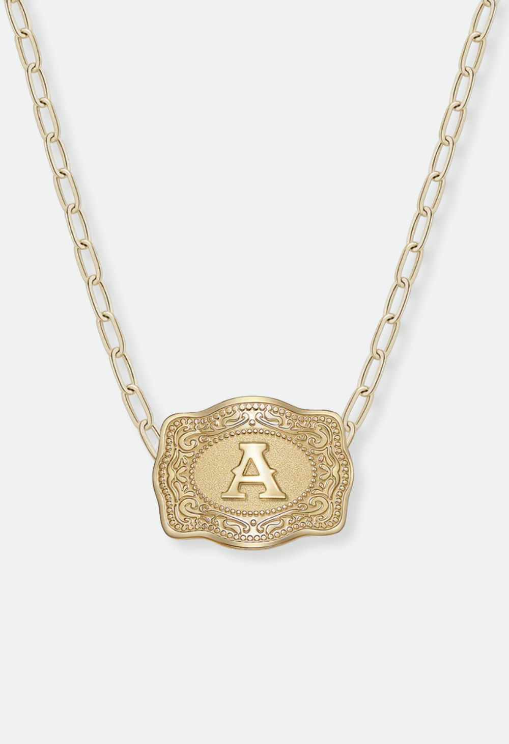 SpurWest Mini Belt Buckle Necklace (Initial) Paper Clip Chain (18" adjustable) - Gold