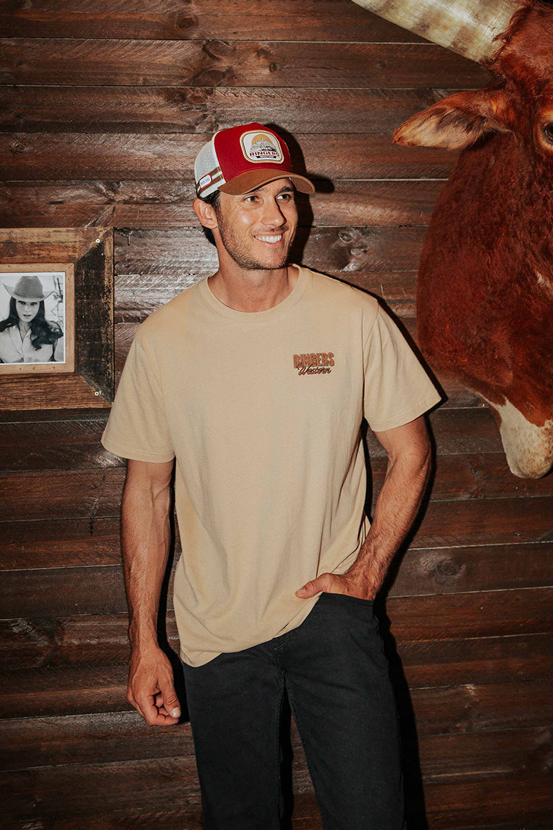 Ringers Western Mens Cowboy Club Loose Fit T-Shirt - Dark Sand