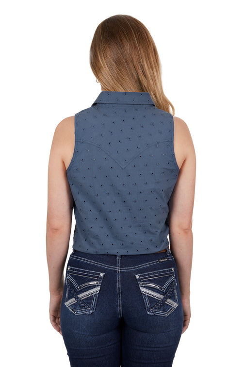 PURE WESTERN WOMENS LOLA SLEEVELESS SHIRT (BLUE)