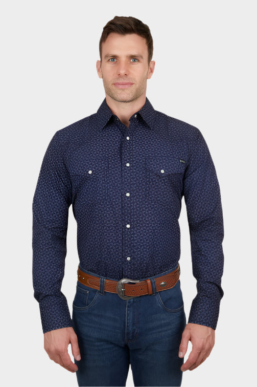 PURE WESTERN MENS JETT L/S SHIRT (NAVY/WHITE)