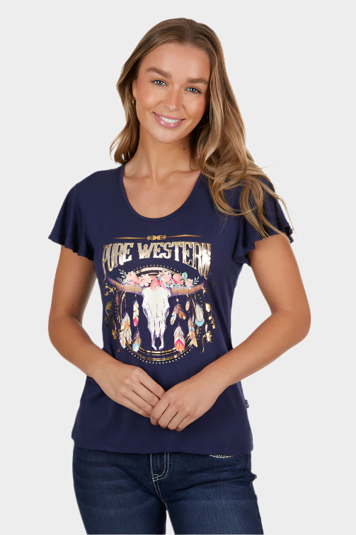 PURE WESTERN WOMENS BECKY S/S TEE (NAVY)-CLEARANCE