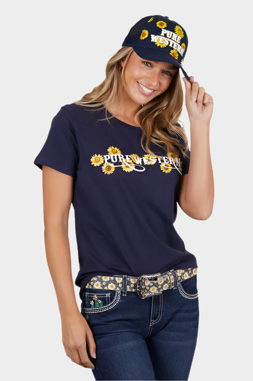 PURE WESTERN WOMENS FRANKIE S/S TEE (NAVY)-CLEARANCE