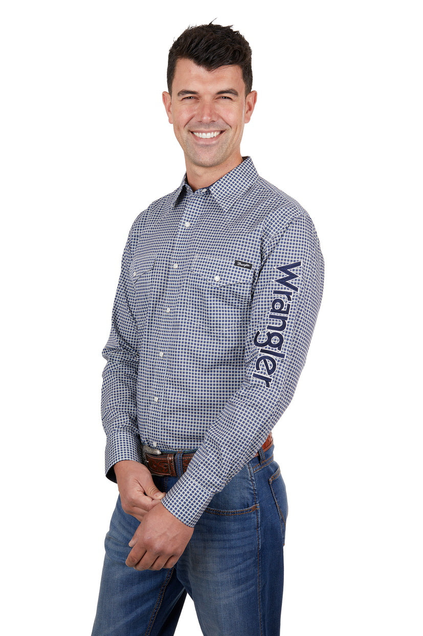 WRANGLER MENS PETER LOGO LS SHIRT (NAVY/TAN)