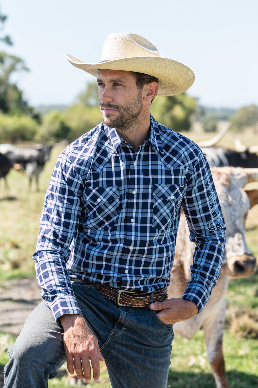 WRANGLER MENS BEN LOGO L/S SHIRT (NAVY/BLUE)