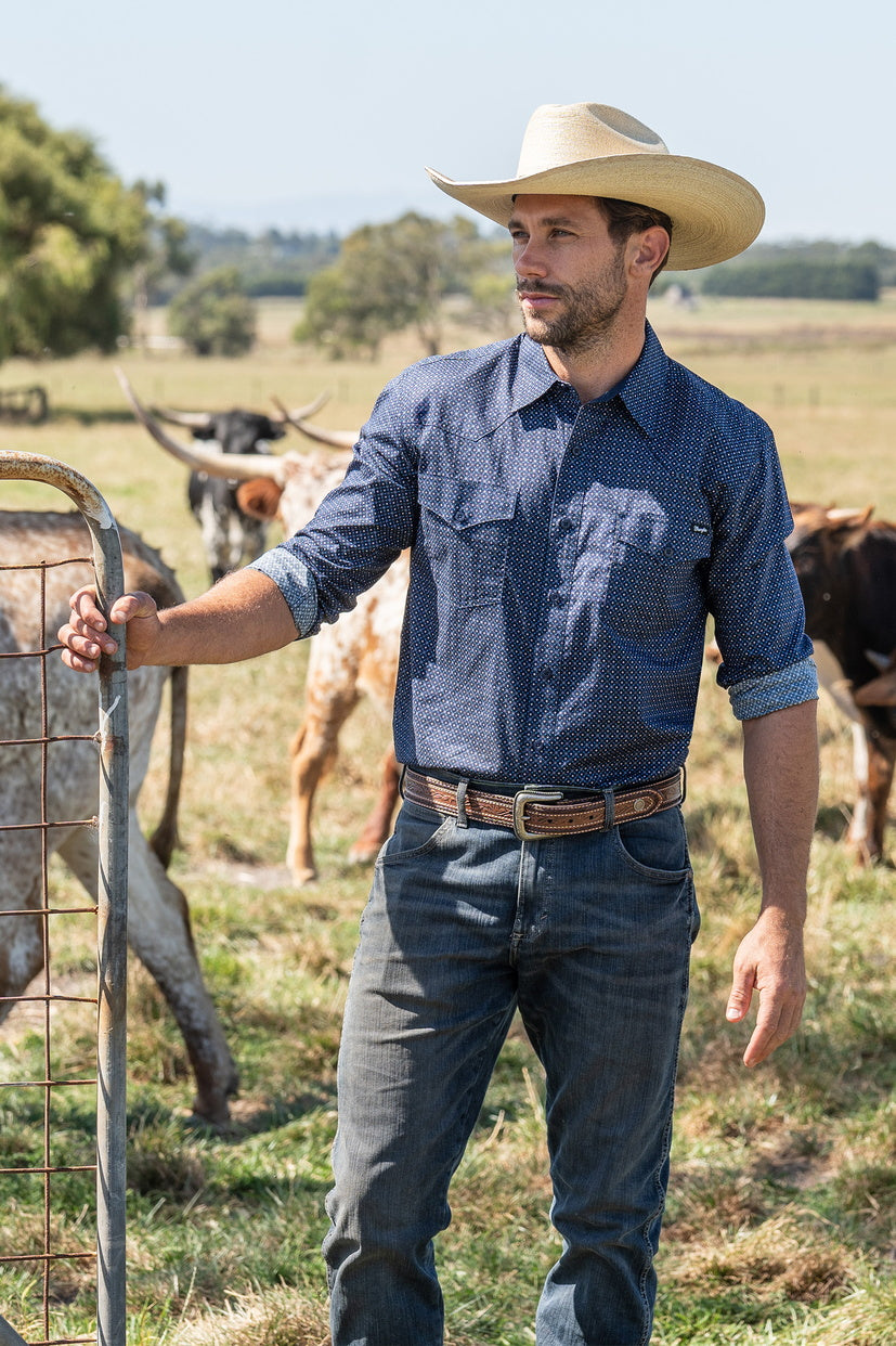 WRANGLER MENS CAM L/S SHIRT (NAVY/BLUE)