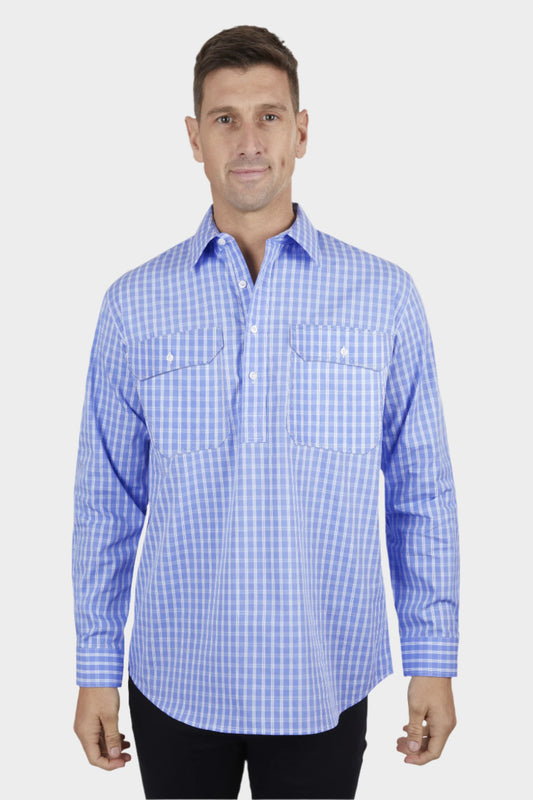 HARDSLOG MENS RON 1/2 PLKT L/S SHIRT (BLUE/WHITE)