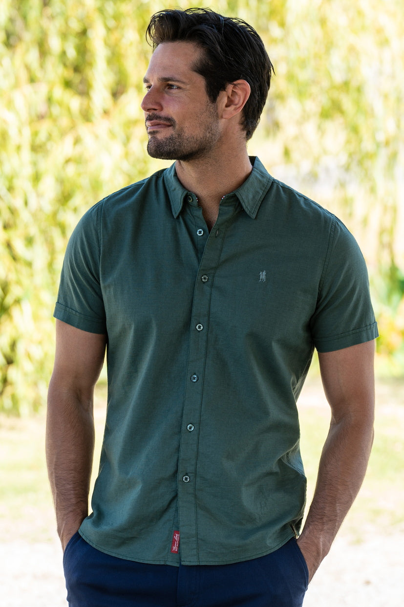 THOMAS COOK MENS LINEN TAILORED S/S SHIRT (GREEN)