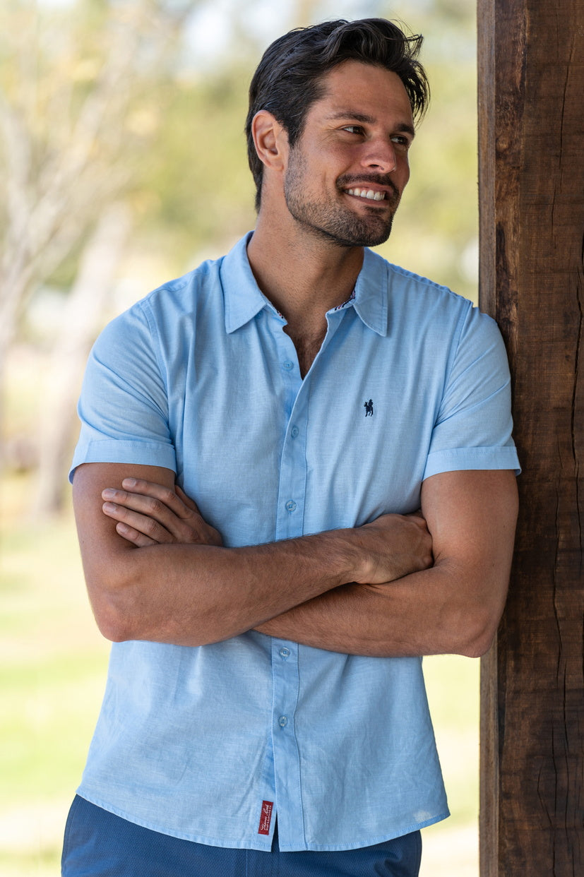 THOMAS COOK MENS LINEN TAILORED S/S SHIRT (LIGHT BLUE)