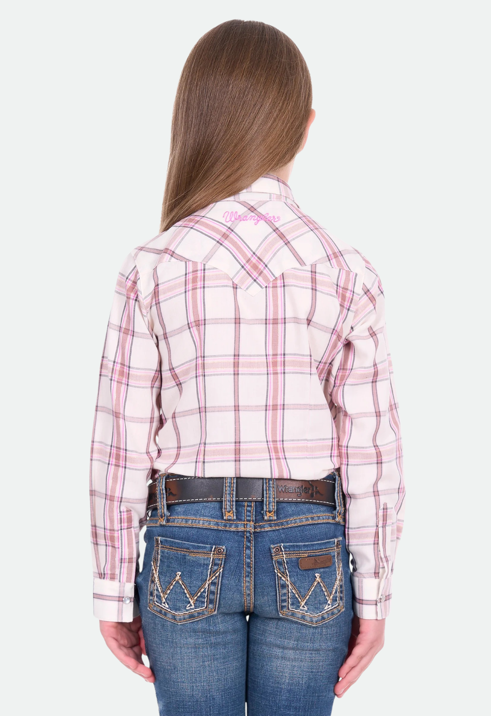 Wrangler Girl’s Henley Check Long Sleeve Shirt - Ivory/Pink