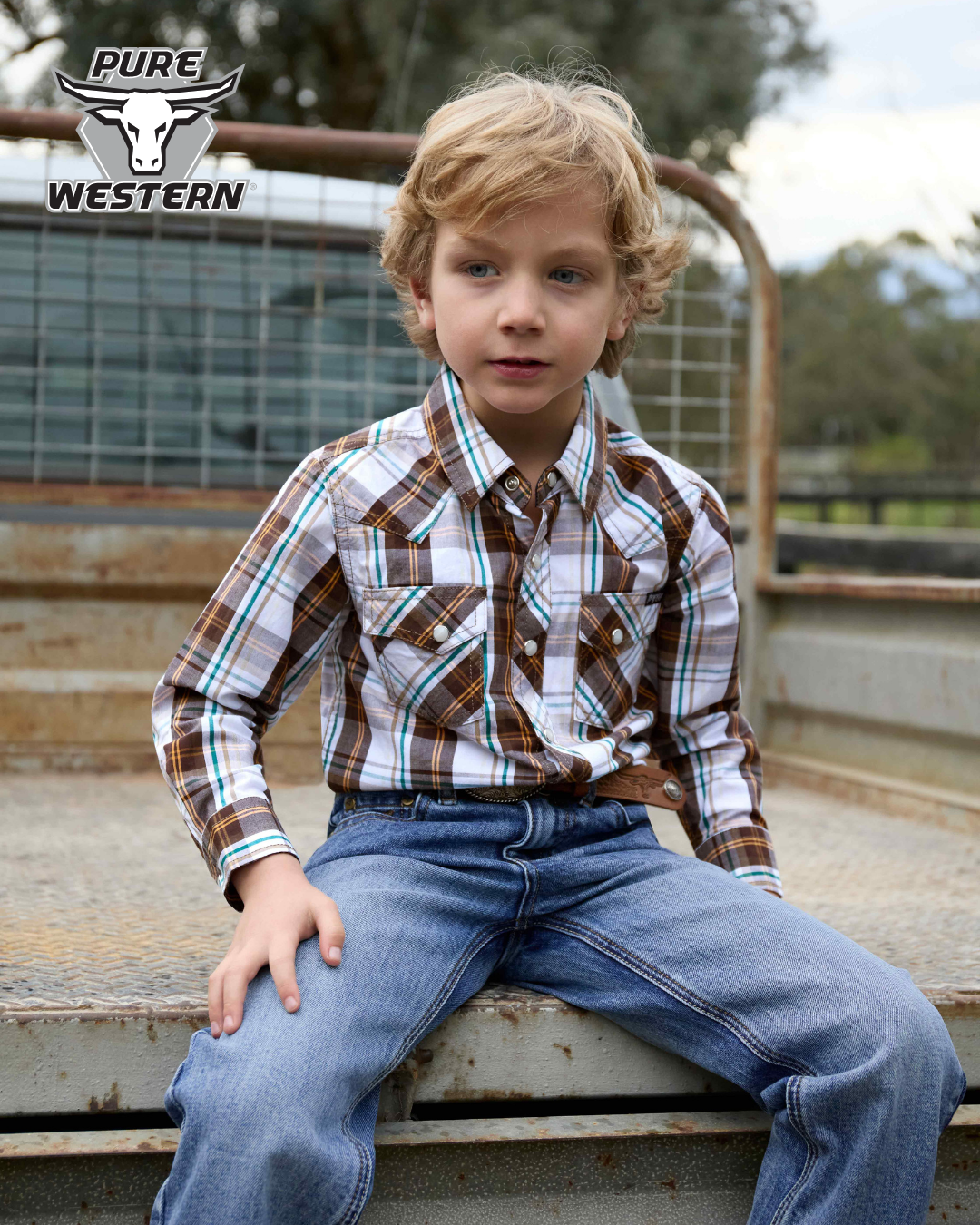 Pure Western Boy’s Roger Check Western Long Sleeve Shirt – Dark Tan/White