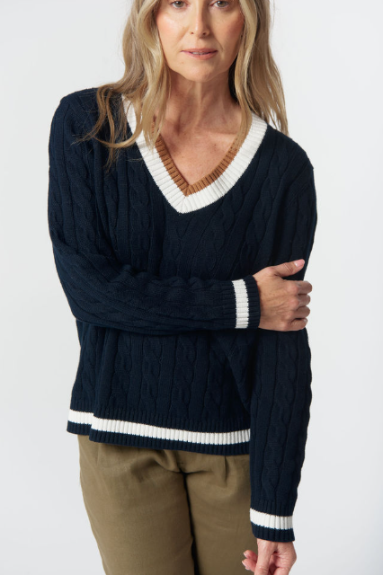 Goondiwindi Cotton Harvest V Neck Cotton Jumper - Dark Navy/White/Fox
