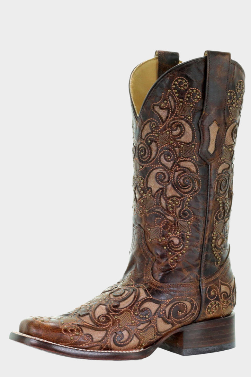 CORRAL BOOTS LADIES BROWN INLAY & STUDS & EMBROIDERY SQ.TOE