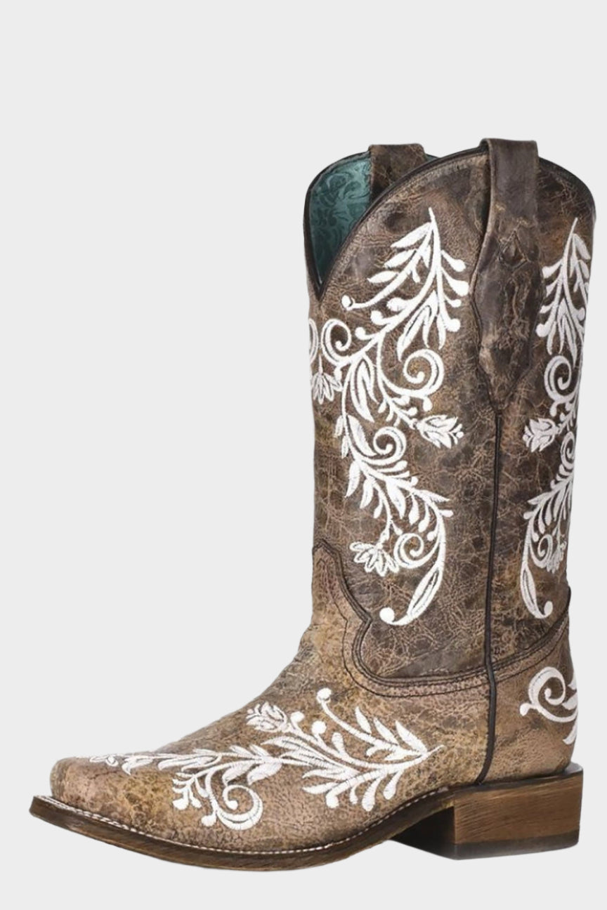 CORRAL BOOT WHITE EMBROIDERY GLOW COLLECTION SQ.TOE CRACKLE TOE