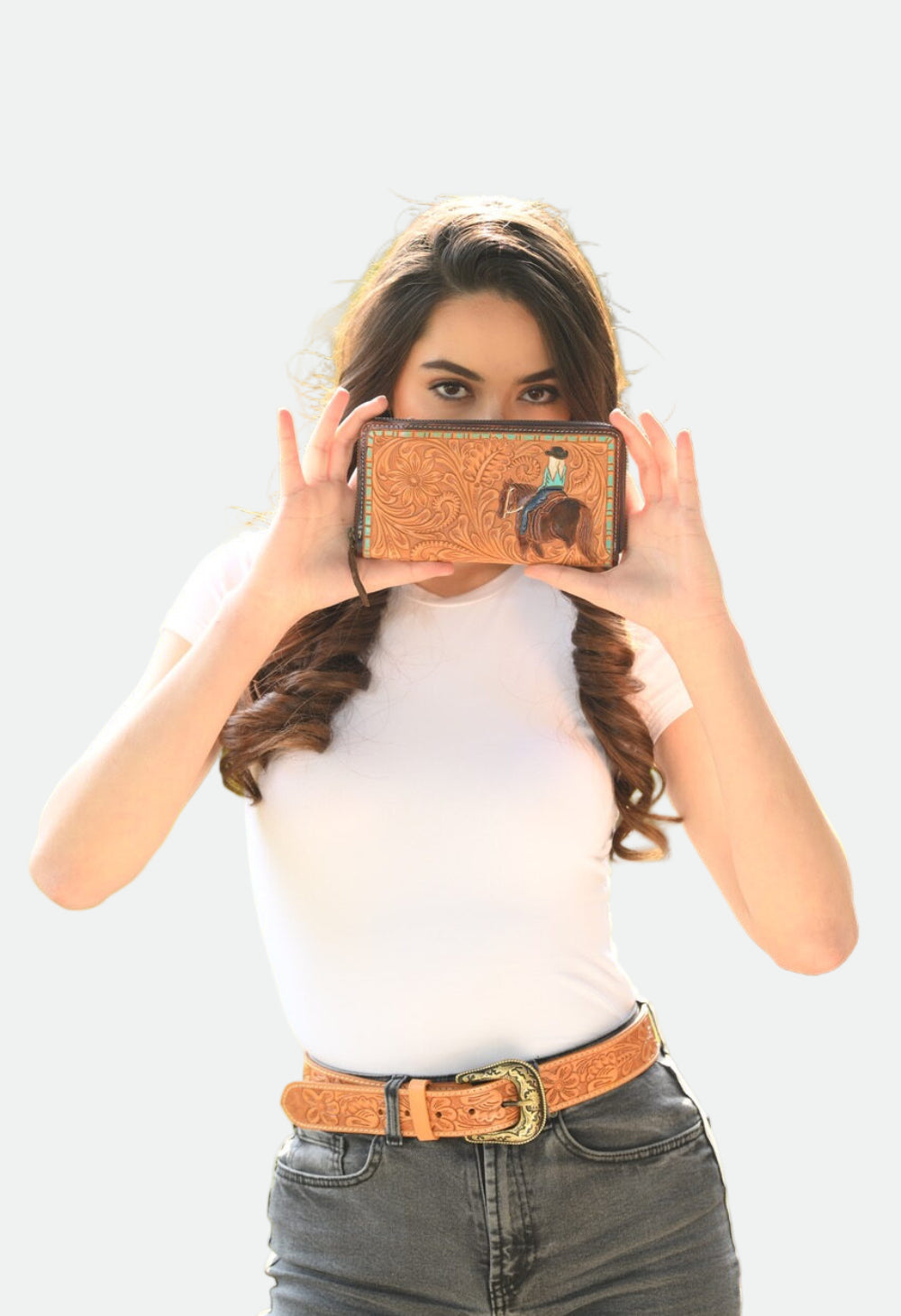 The Design Edge Tooling Leather Horse Wallet with Turq Paint Highlight - Tortle (AW28)