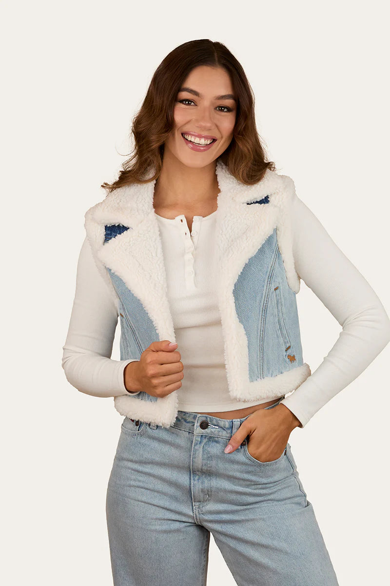 Ringers Western Womens Amaya Denim Sherpa Vest - Vintage Light Blue/Dark Mid Blue
