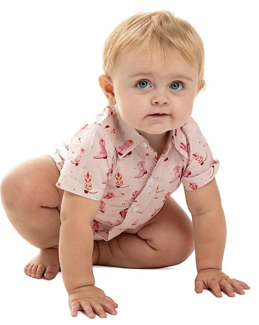 Just Country Infant Frankie S/S Full Button Jumpsuit - Baby Pink Boots