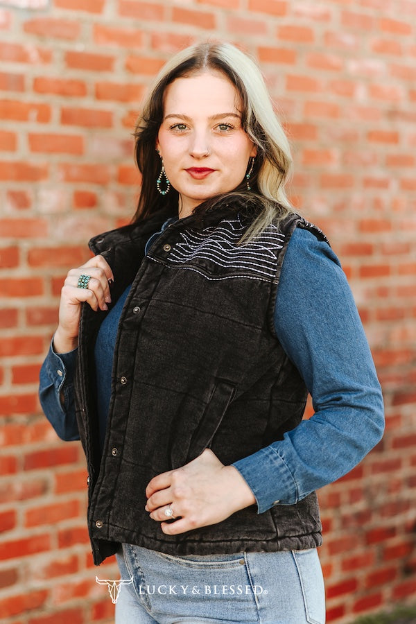 Lucky & Blessed Black Denim Puffer Studded Button Down Embroidered Vest