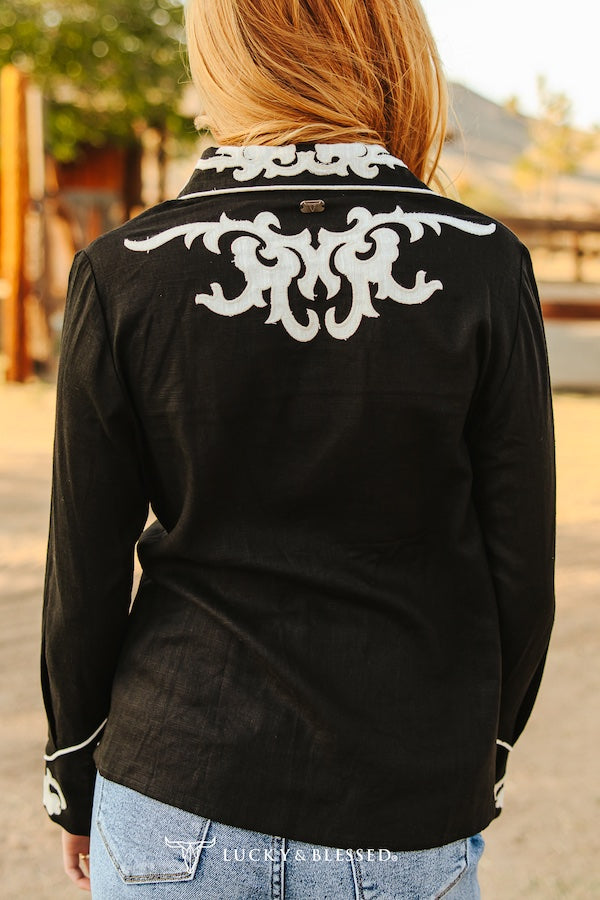 Lucky & Blessed Black Ivory Patch Embroidered Boot Stitch Contrast Piping Button Down Shirt Plus Size