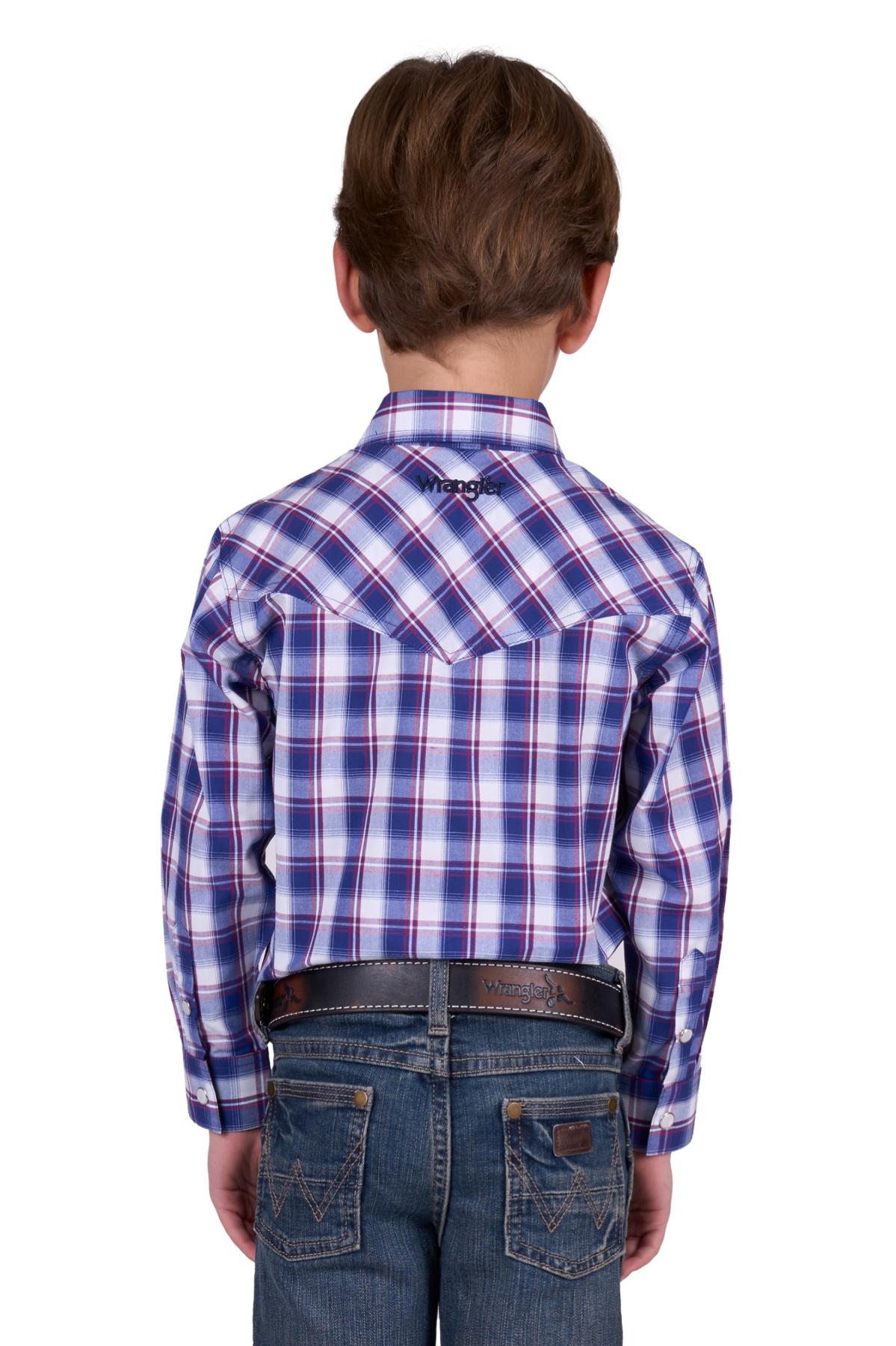 Wrangler Boy’s Noah Check Western Long Sleeve Shirt - ROYAL/RED