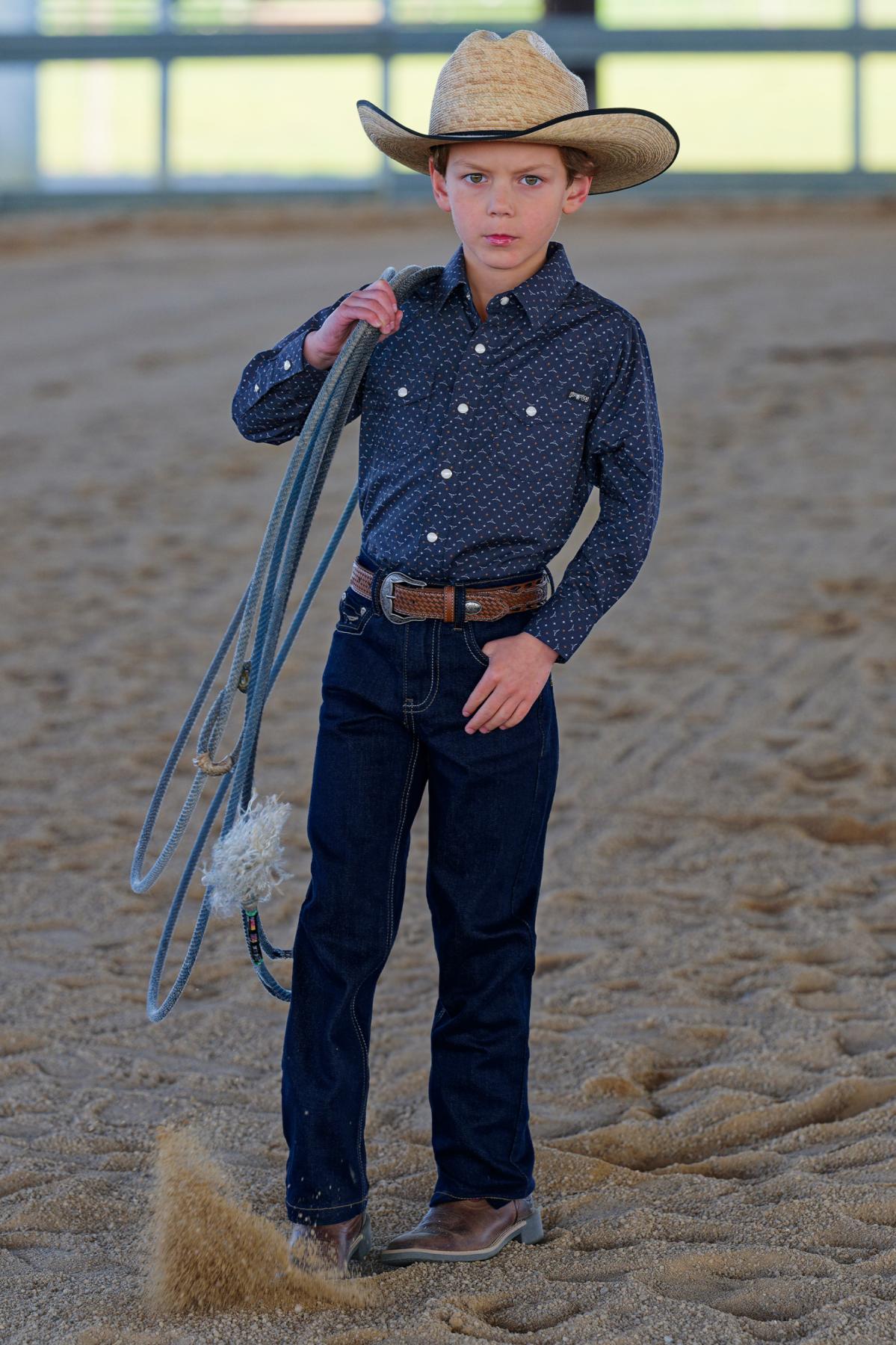 Pure Western Boy’s Ross Print Western Long Sleeve Shirt - NAVY