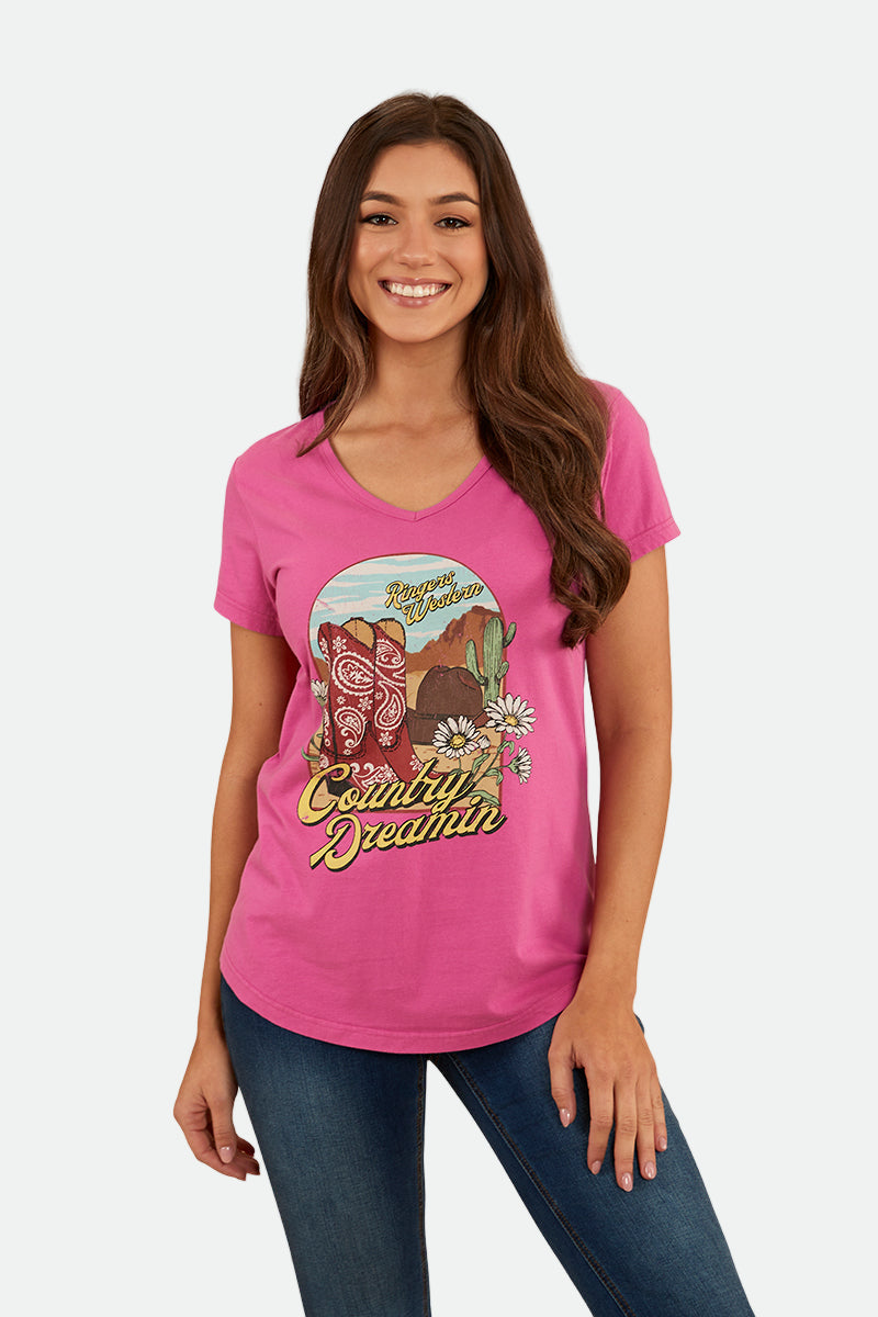 RINGERS WESTERN COUNTRY GIRLS WOMENS V NECK T-SHIRT - CANDY
