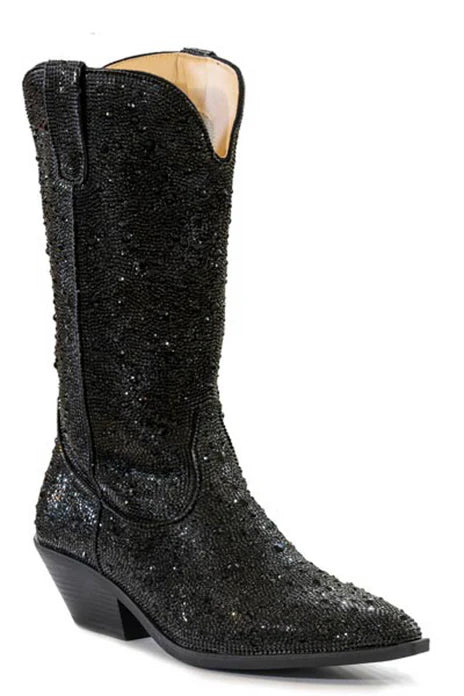 Roper Womens Nettie Crystal Black Synthetic 12in Cowboy Boots