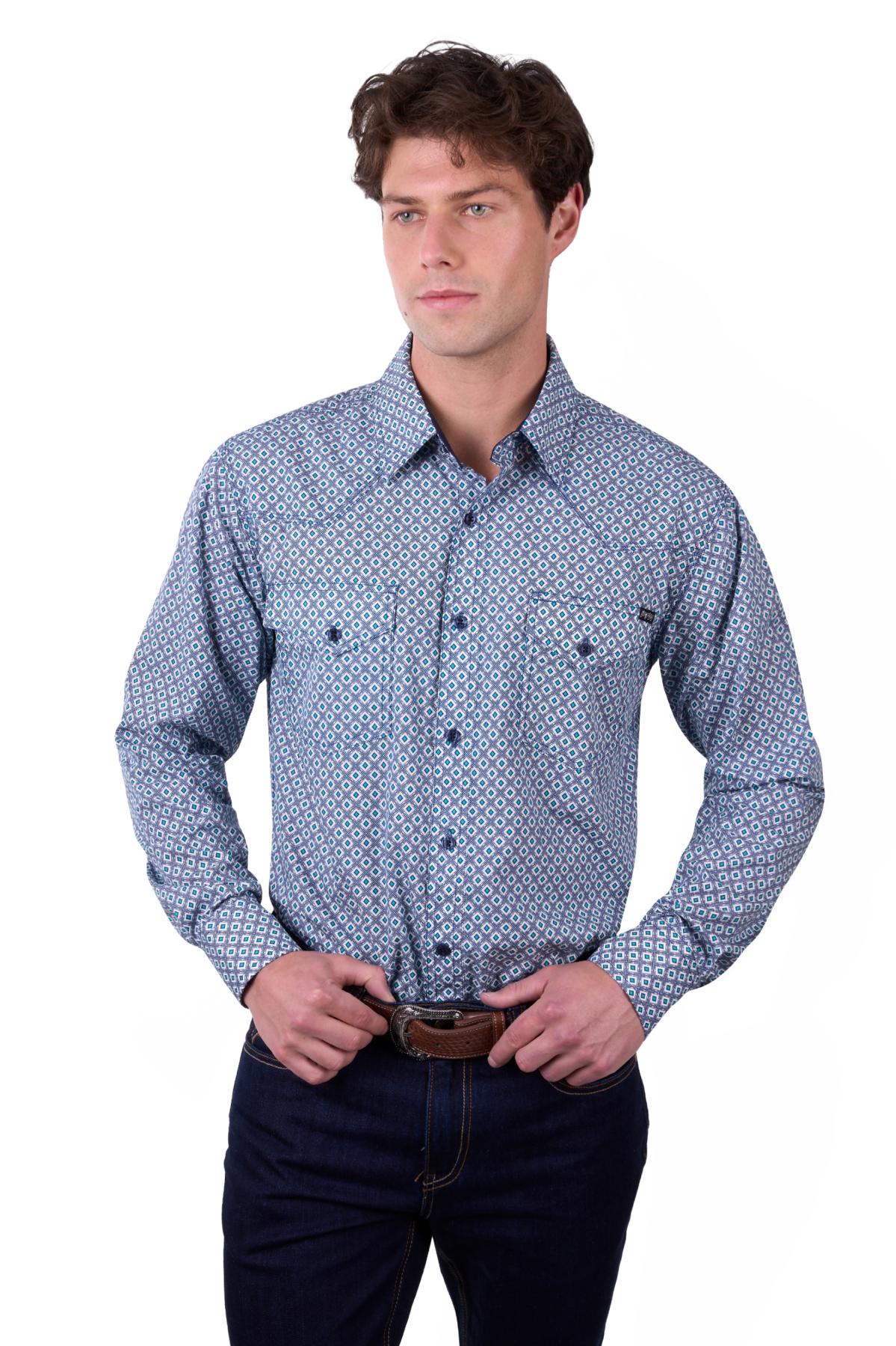 Pure Western Men’s Mark Print Western Button Down Long Sleeve Shirt - Navy/Teal