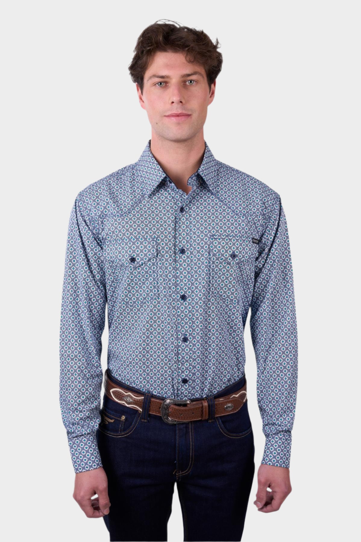 Pure Western Men’s Mark Print Western Button Down Long Sleeve Shirt - Navy/Teal