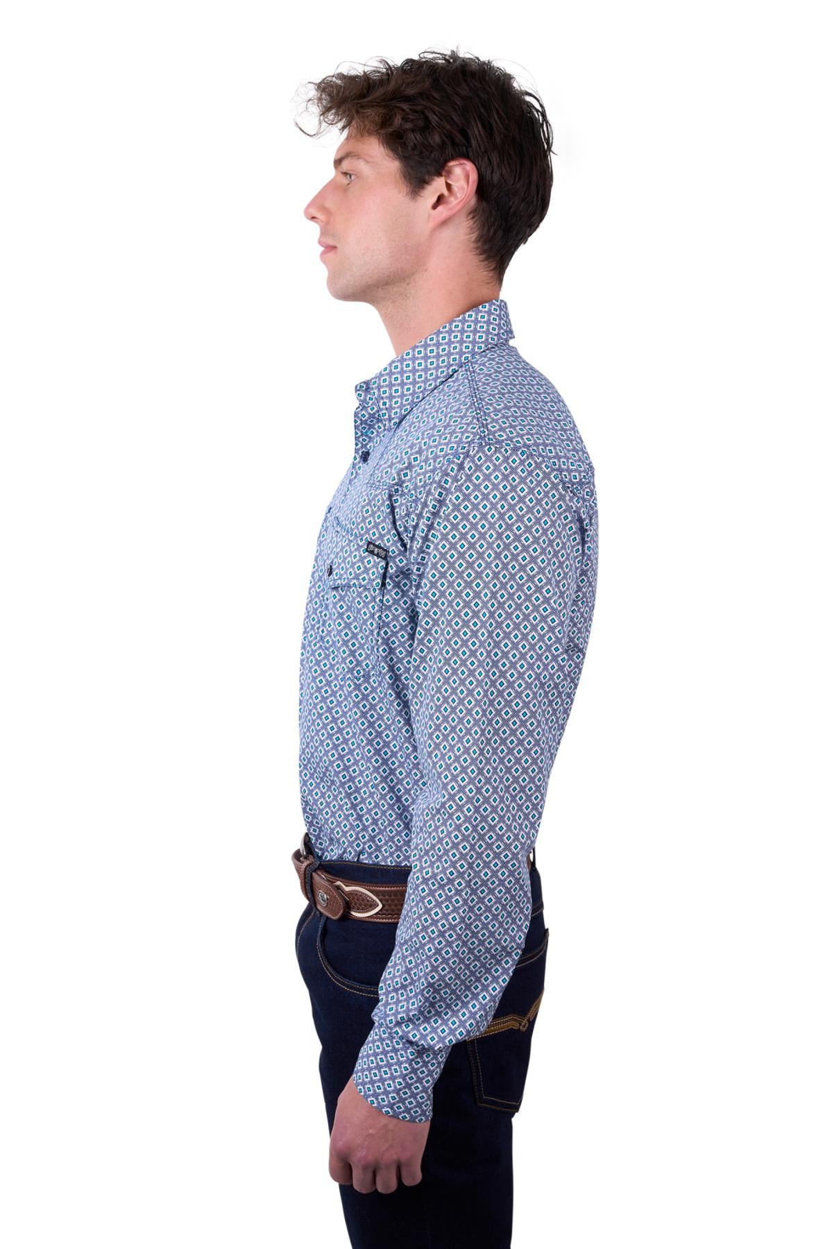 Pure Western Men’s Mark Print Western Button Down Long Sleeve Shirt - Navy/Teal