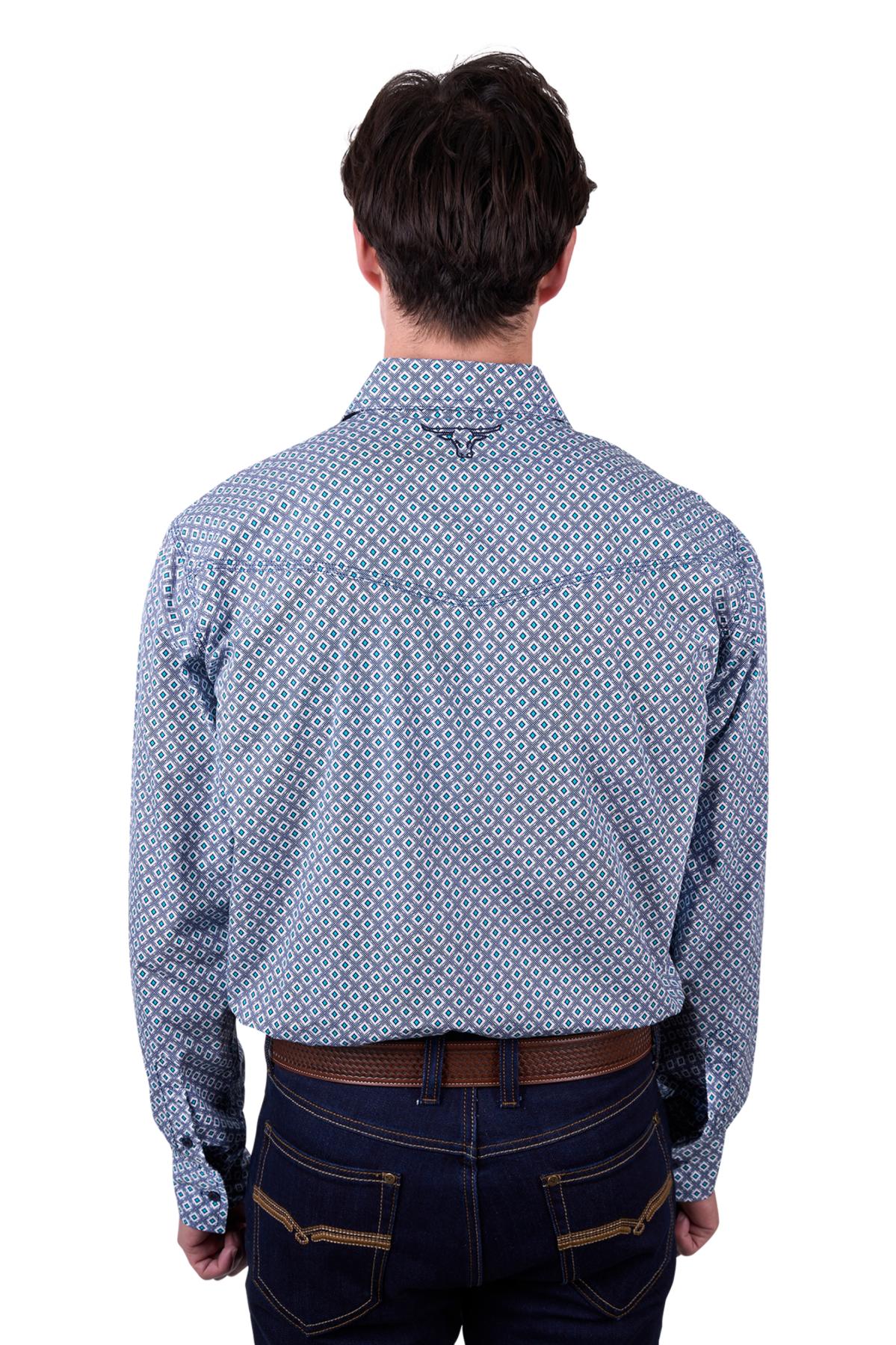 Pure Western Men’s Mark Print Western Button Down Long Sleeve Shirt - Navy/Teal