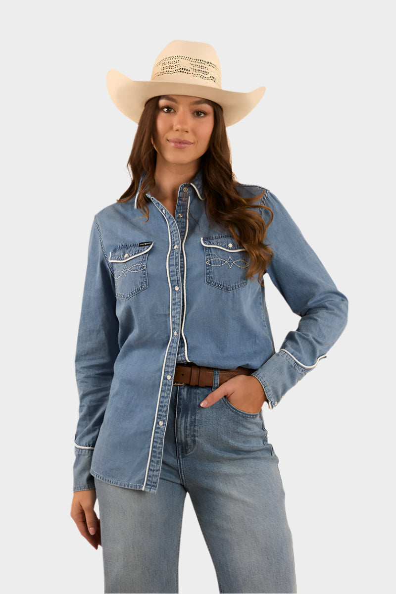 Ringers Western Womens Eddie Western Shirt Light Wash Blue