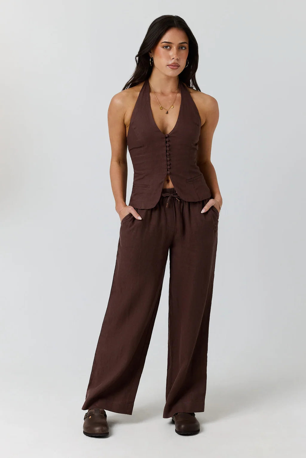 Ringers Western Fallon Womens Linen Halter Top - Chocolate