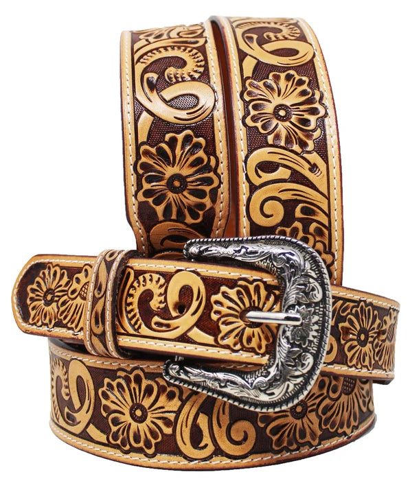 Challenger Men's 1-1/2" Wide Tan Leather Floral Tooled Casual Jean Belt