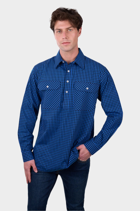 Hard Slog Men’s Astell Half Placket Long Sleeve Shirt - BLACK/ROYAL