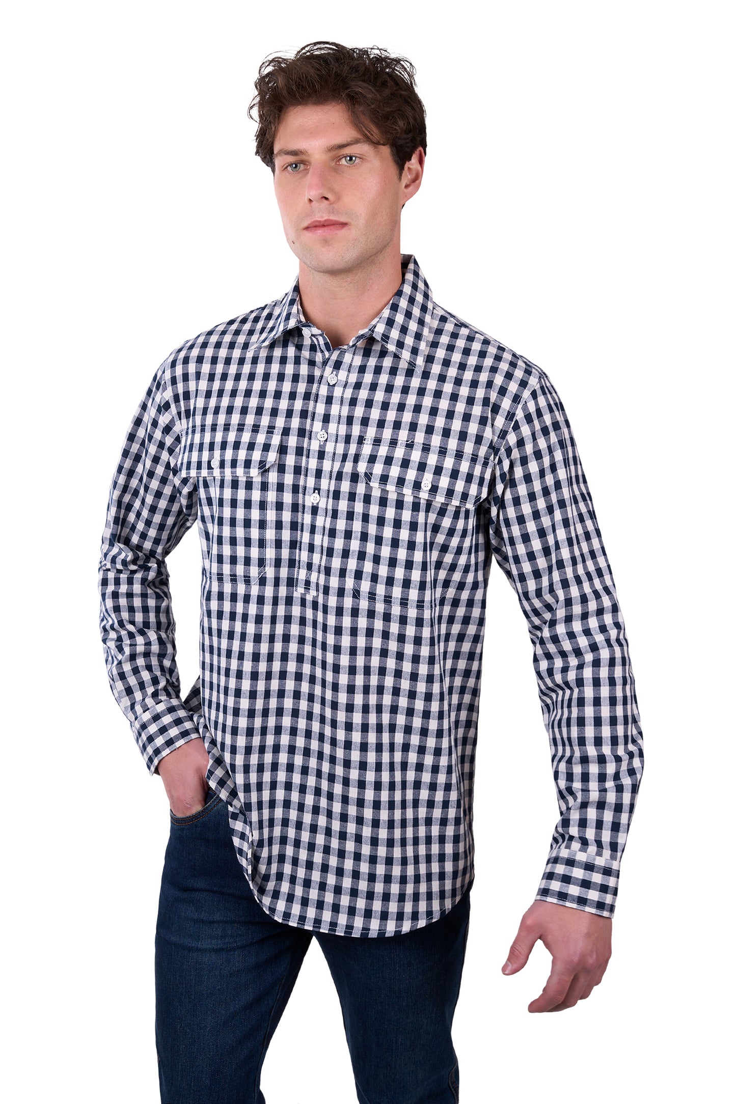Hard Slog Men’s Dell Half Placket Long Sleeve Shirt - NAVY/WHITE