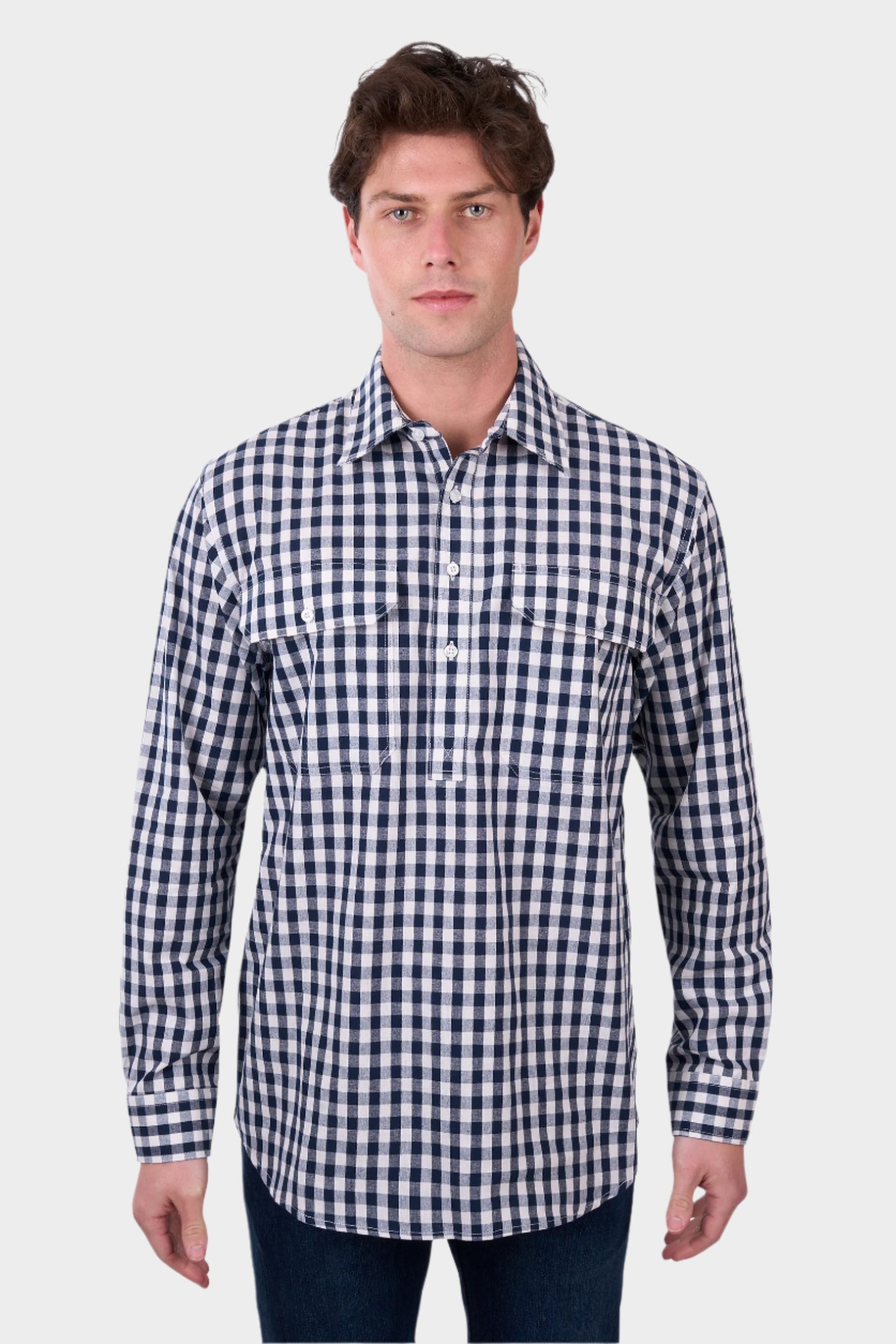 Hard Slog Men’s Dell Half Placket Long Sleeve Shirt - NAVY/WHITE