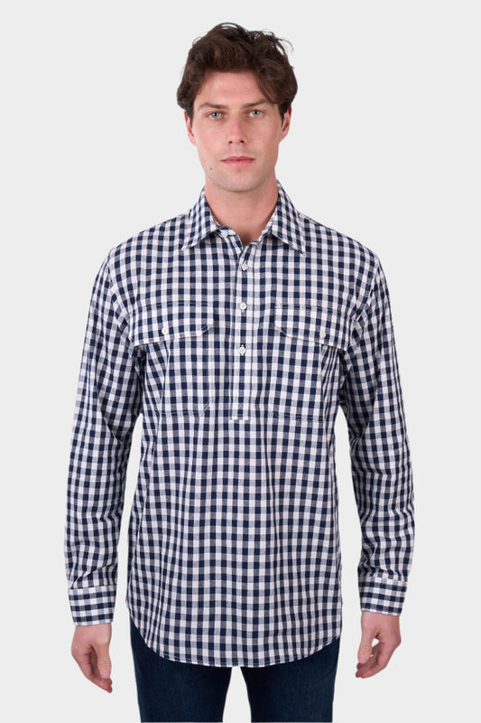 Hard Slog Men’s Dell Half Placket Long Sleeve Shirt - NAVY/WHITE