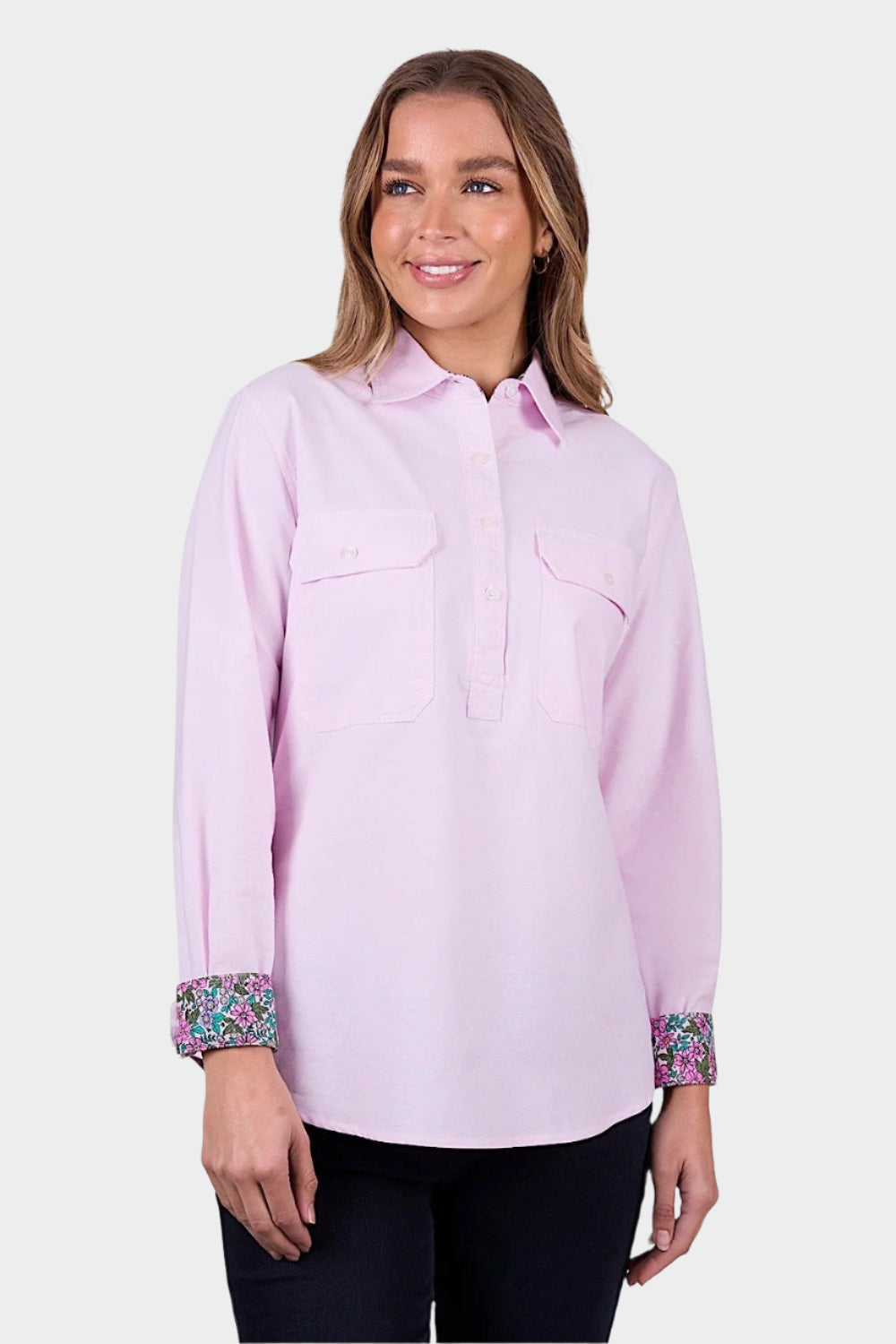 Hard Slog Women's Milly Half Placket Long Sleeve Shirt - Pale Pink
