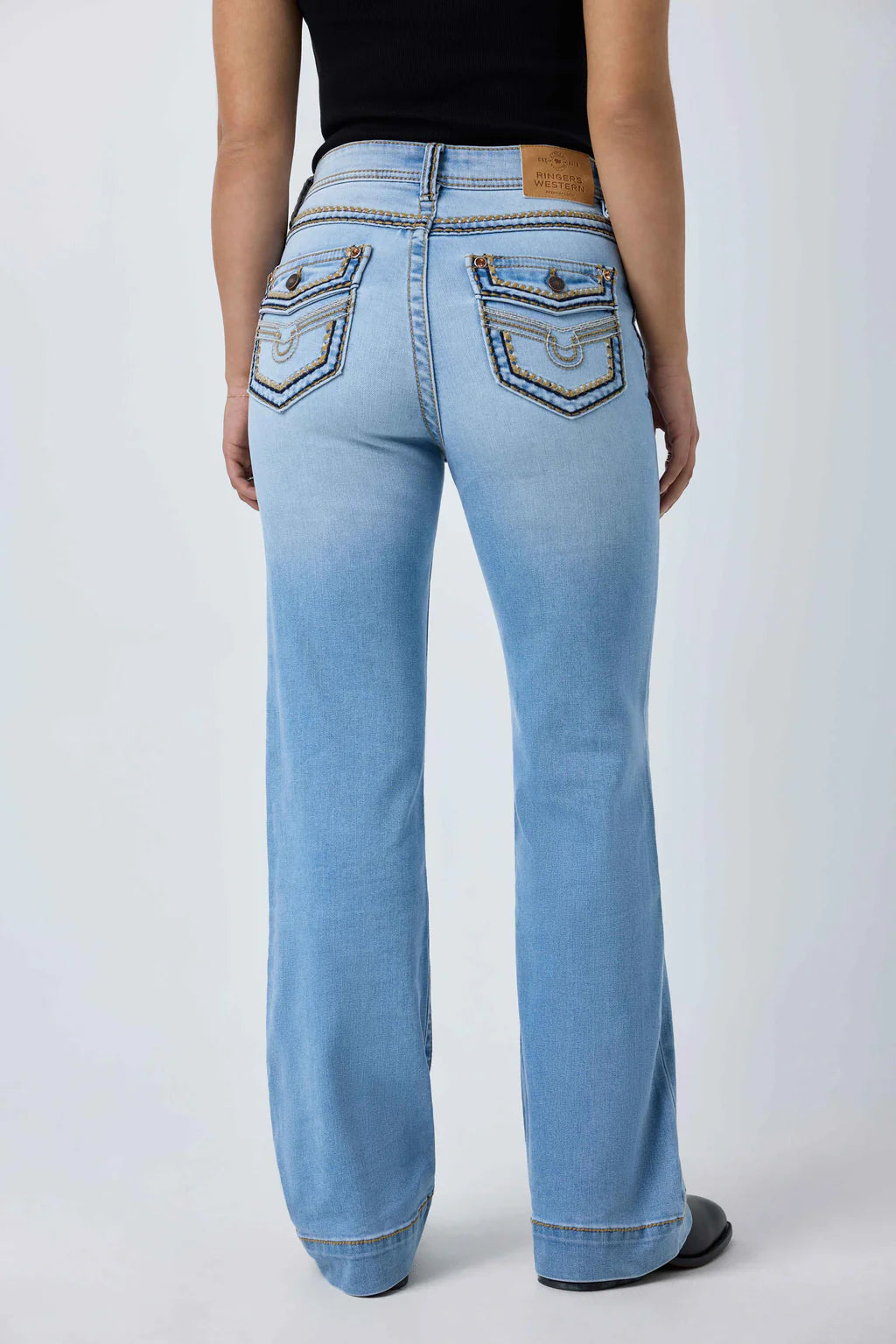 Ringers Western Indi Rodeo Saddle Stitch Womens High Rise Wide Bootleg Jean - Light Blue