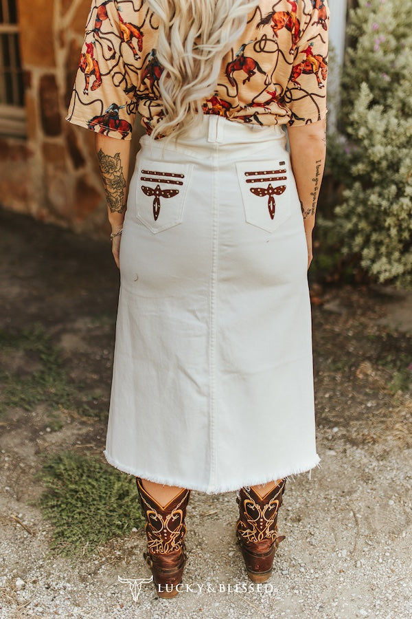 Lucky & Blessed Ivory Stretch Denim Boot-Stitch Embroidered Studded Front Slit Hem Skirt