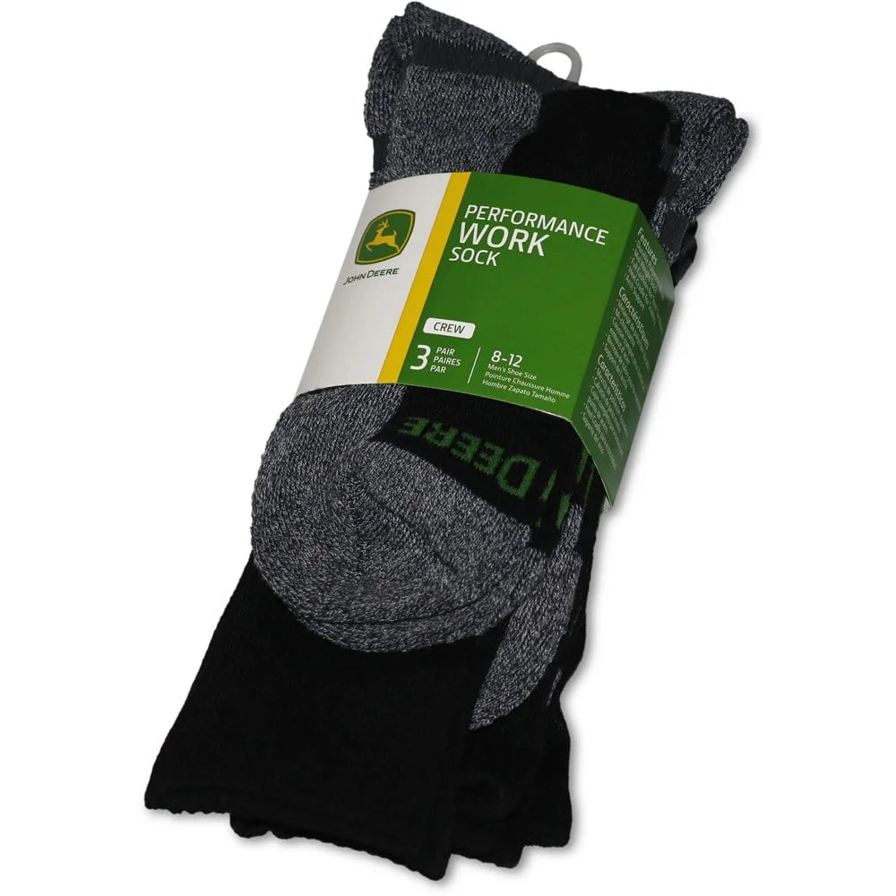 John Deere 3PK of Black & Grey Crew Work Socks Men's 8-12