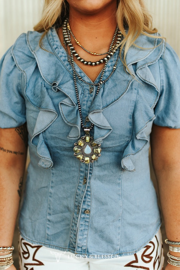 Lucky & Blessed Women's Button Down Short Sleeve Ruffle Top - Light Wash