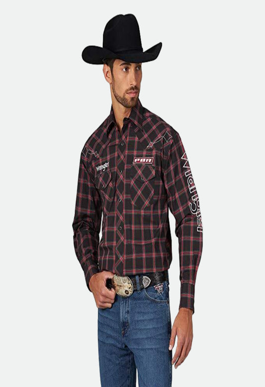 Wrangler Men's PBR Long Sleeve Shirt - Black/Red