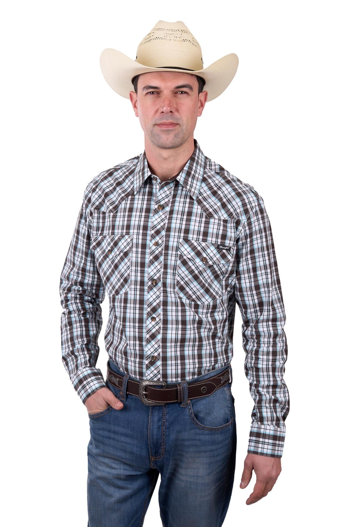 Wrangler Men’s Beau Check Western Button Down Long Sleeve Shirt - DarkTan/Blue